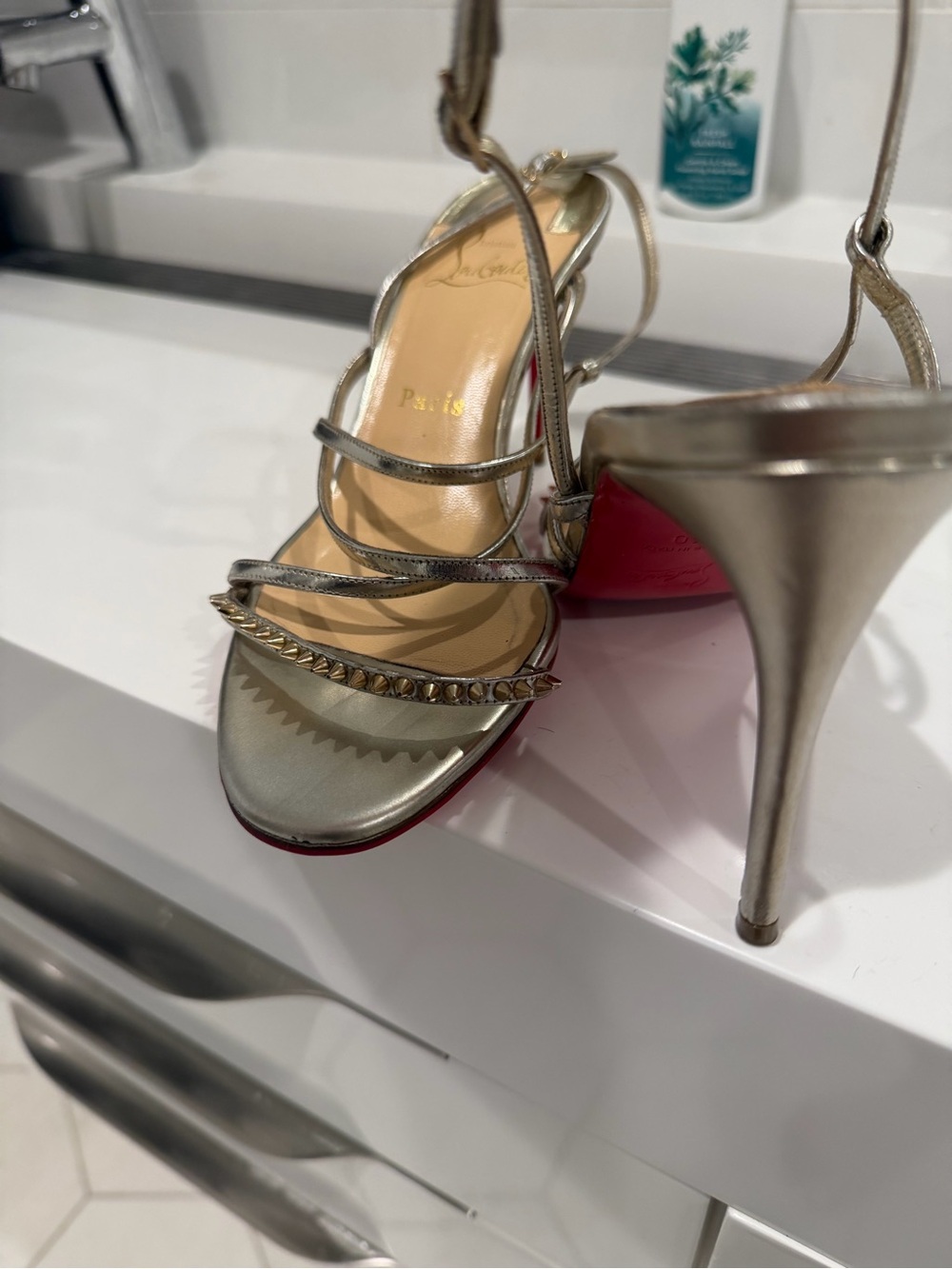 Christian Louboutin Silver Metallic Strappy Spike Sandals - Picture 2 of 9